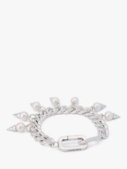 AllSaints Spiked Pearl Curb Chain Choker Bracelet, Warm Silver - view 2, Warm Silver