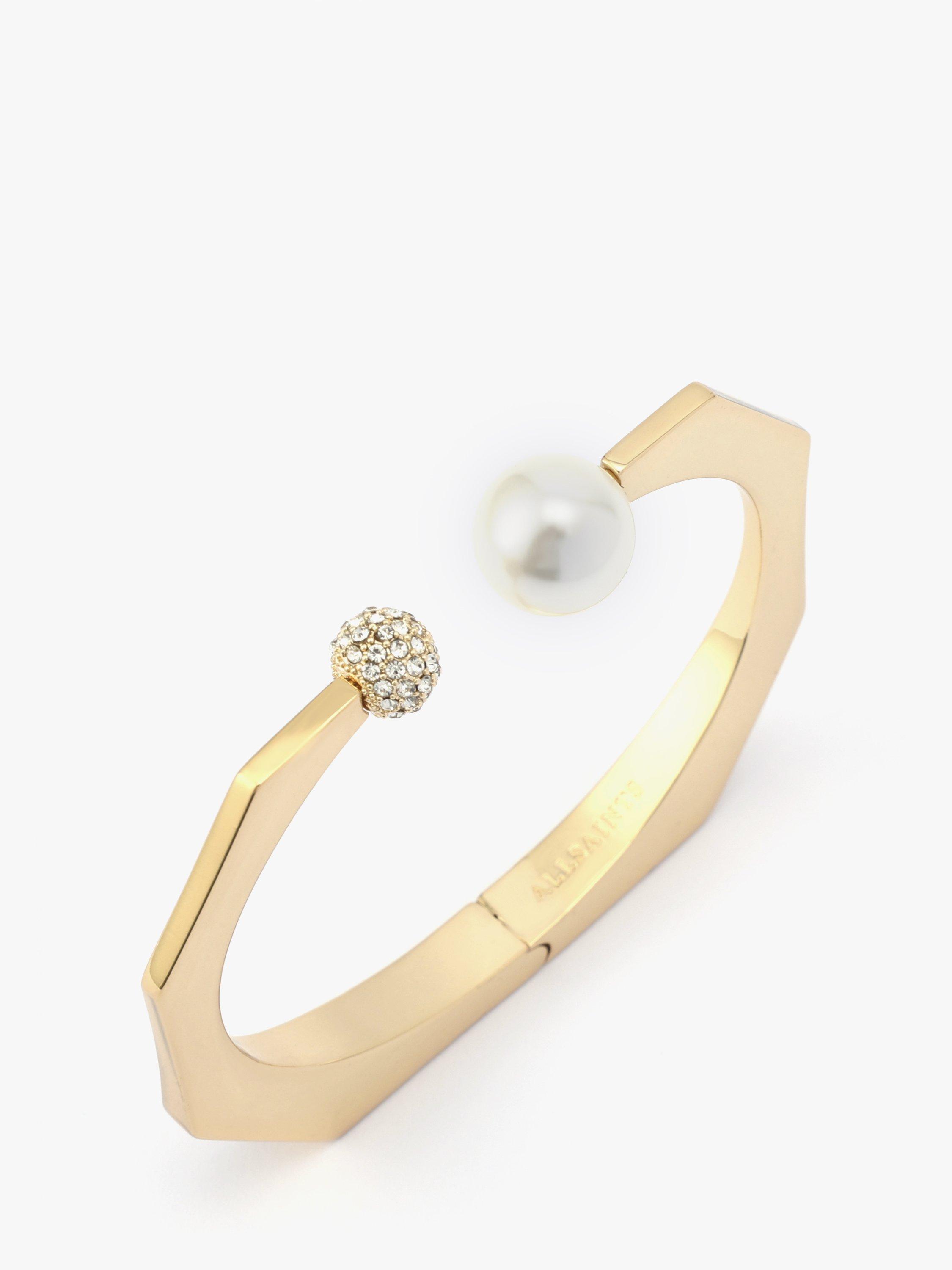 Product image 2 of 3, which shows AllSaints Pearl and Pavé Ball Cuff, Shiny Gold