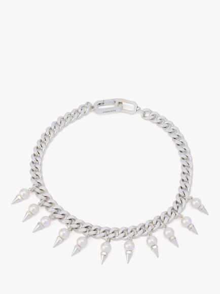 AllSaints Spiked Pearl Curb Chain Choker Necklace, Warm Silver, Warm Silver