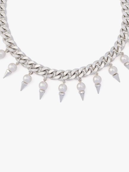 AllSaints Spiked Pearl Curb Chain Choker Necklace, Warm Silver - view 2, Warm Silver