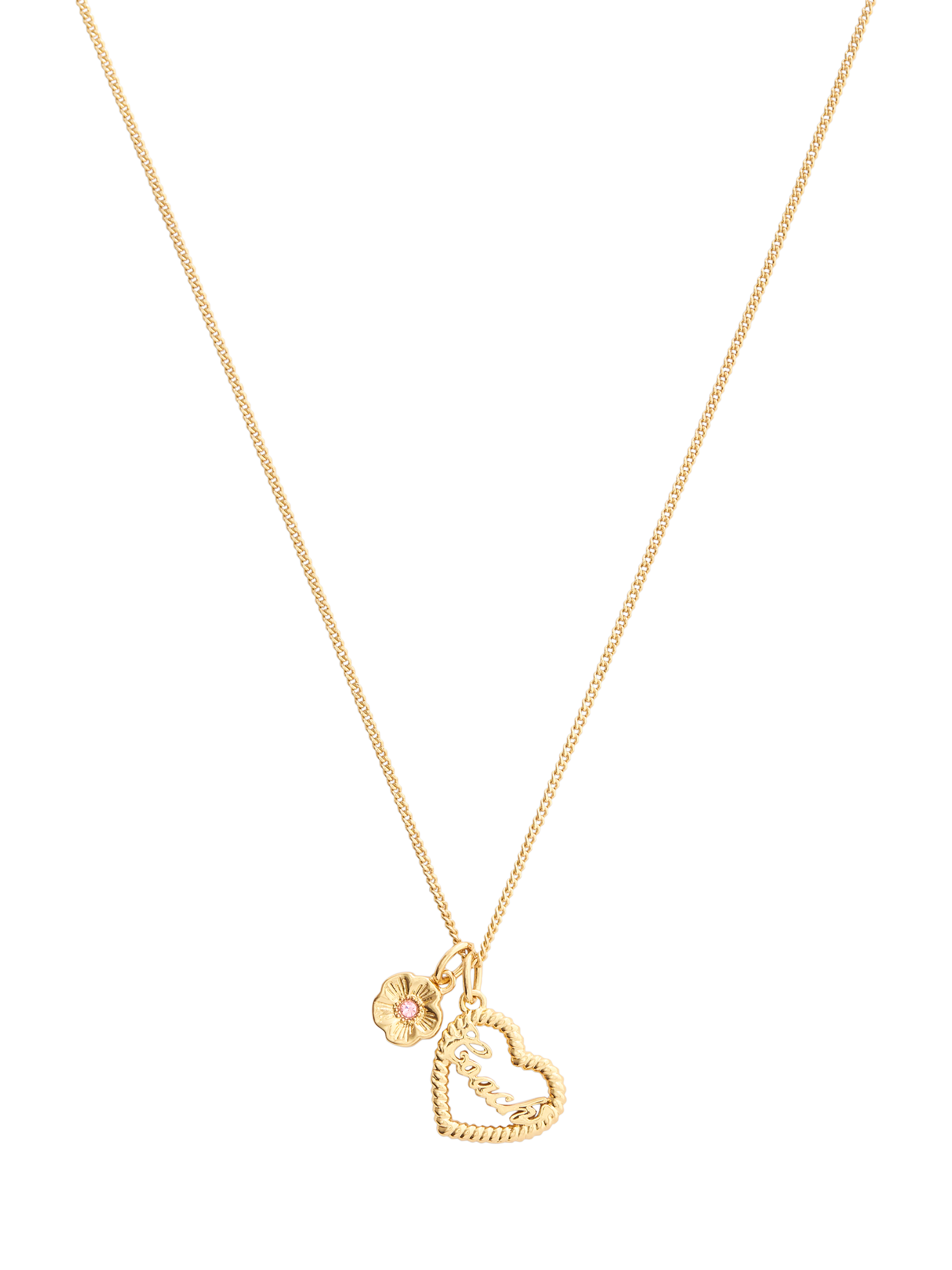 Product image 2 of 3, which shows Coach Textured Logo Heart Necklace, Gold