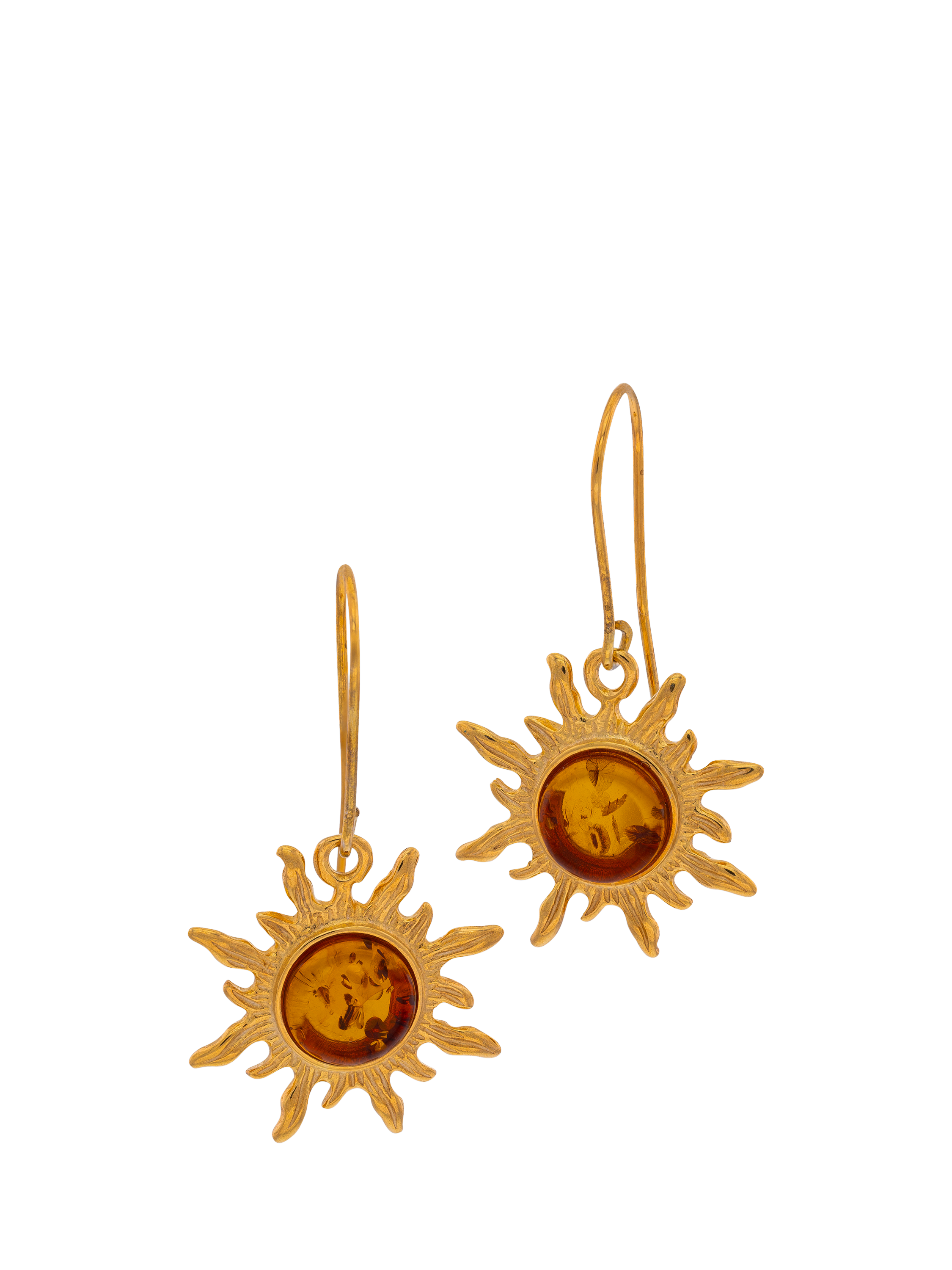 Product image 1 of 3, which shows Be-Jewelled Baltic Amber Sunburst Earrings, Gold/Cognac