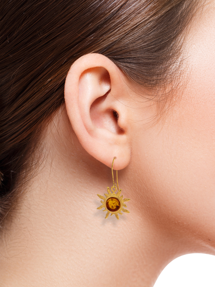 Be-Jewelled Baltic Amber Sunburst Earrings, Gold/Cognac - view 2, Gold/Cognac