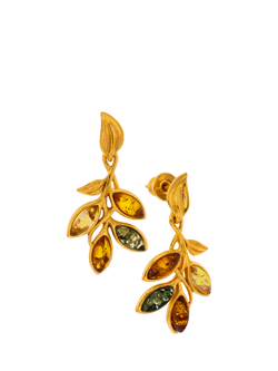Be-Jewelled Baltic Amber Leaf Drop Stud Earrings, Gold/Multi, Gold/Multi