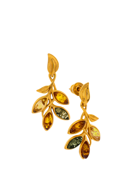 Be-Jewelled Baltic Amber Leaf Drop Stud Earrings, Gold/Multi, Gold/Multi