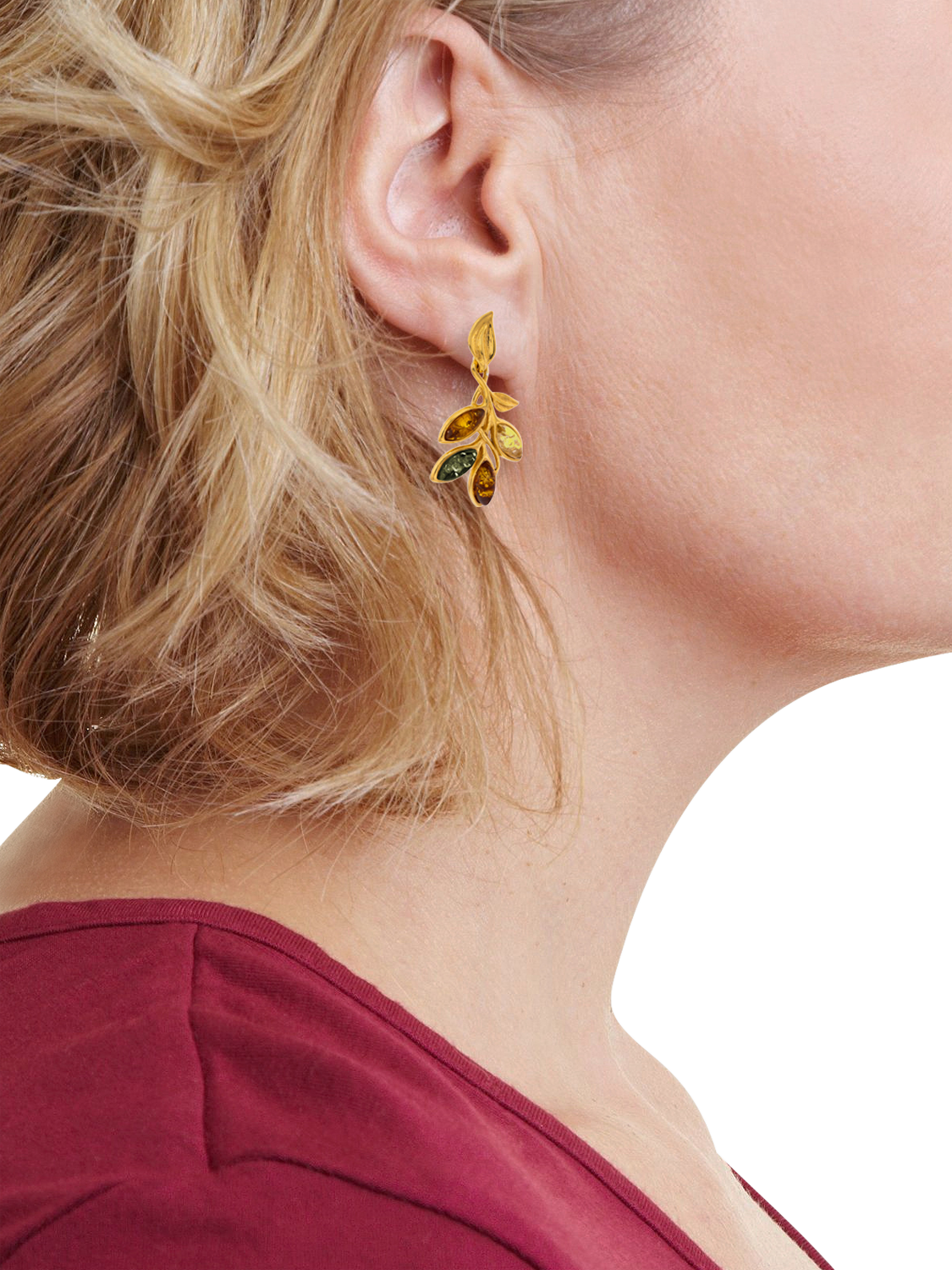 Product image 2 of 3, which shows Be-Jewelled Baltic Amber Leaf Drop Stud Earrings, Gold/Multi