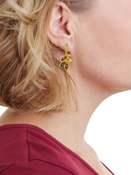 Be-Jewelled Baltic Amber Leaf Drop Stud Earrings, Gold/Multi - view 2, Gold/Multi