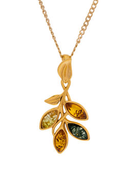 Be-Jewelled Baltic Amber Leaf Pendant Necklace, Gold/Multi, Gold/Multi