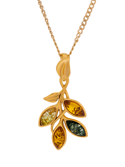 Be-Jewelled Baltic Amber Leaf Pendant Necklace, Gold/Multi, Gold/Multi