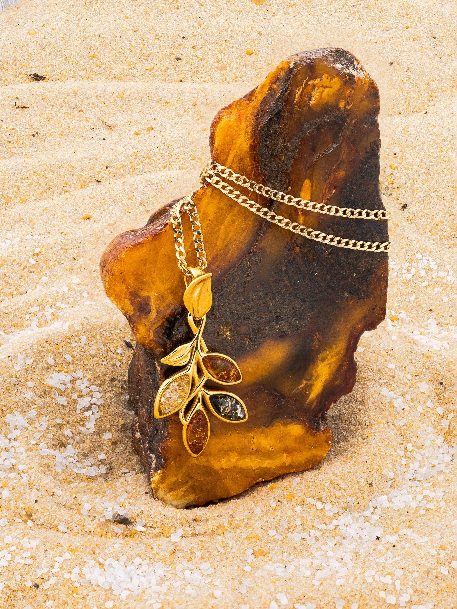 Product image 2 of 3, which shows Be-Jewelled Baltic Amber Leaf Pendant, Gold/Multi