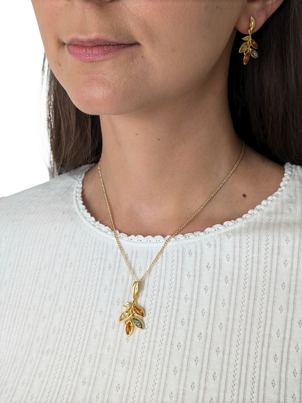 Be-Jewelled Baltic Amber Leaf Pendant Necklace, Gold/Multi - view 2, Gold/Multi