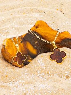 Be-Jewelled Baltic Amber Clover Pendant Necklace, Gold/Cognac - view 2, Gold/Cognac