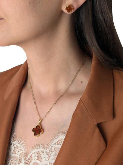 Be-Jewelled Baltic Amber Clover Pendant Necklace, Gold/Cognac - view 2, Gold/Cognac