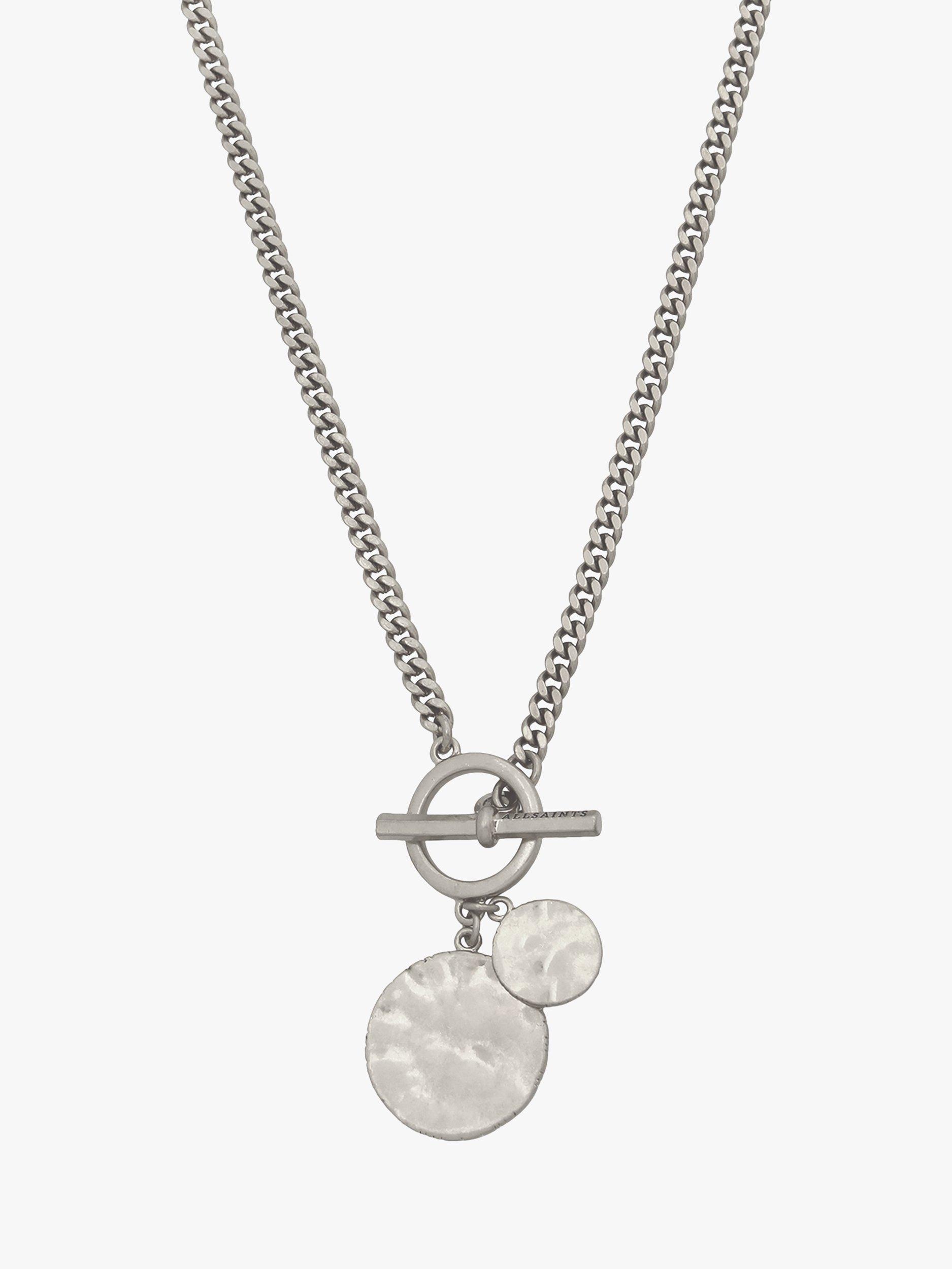 Product image 1 of 5, which shows AllSaints Hammered Round Pendant Chain Necklace, Warm Silver