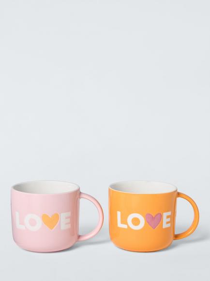 John Lewis Wax Resist 'Love' Stoneware Mugs, Set of 2, 300ml, Pink/Orange, Multi