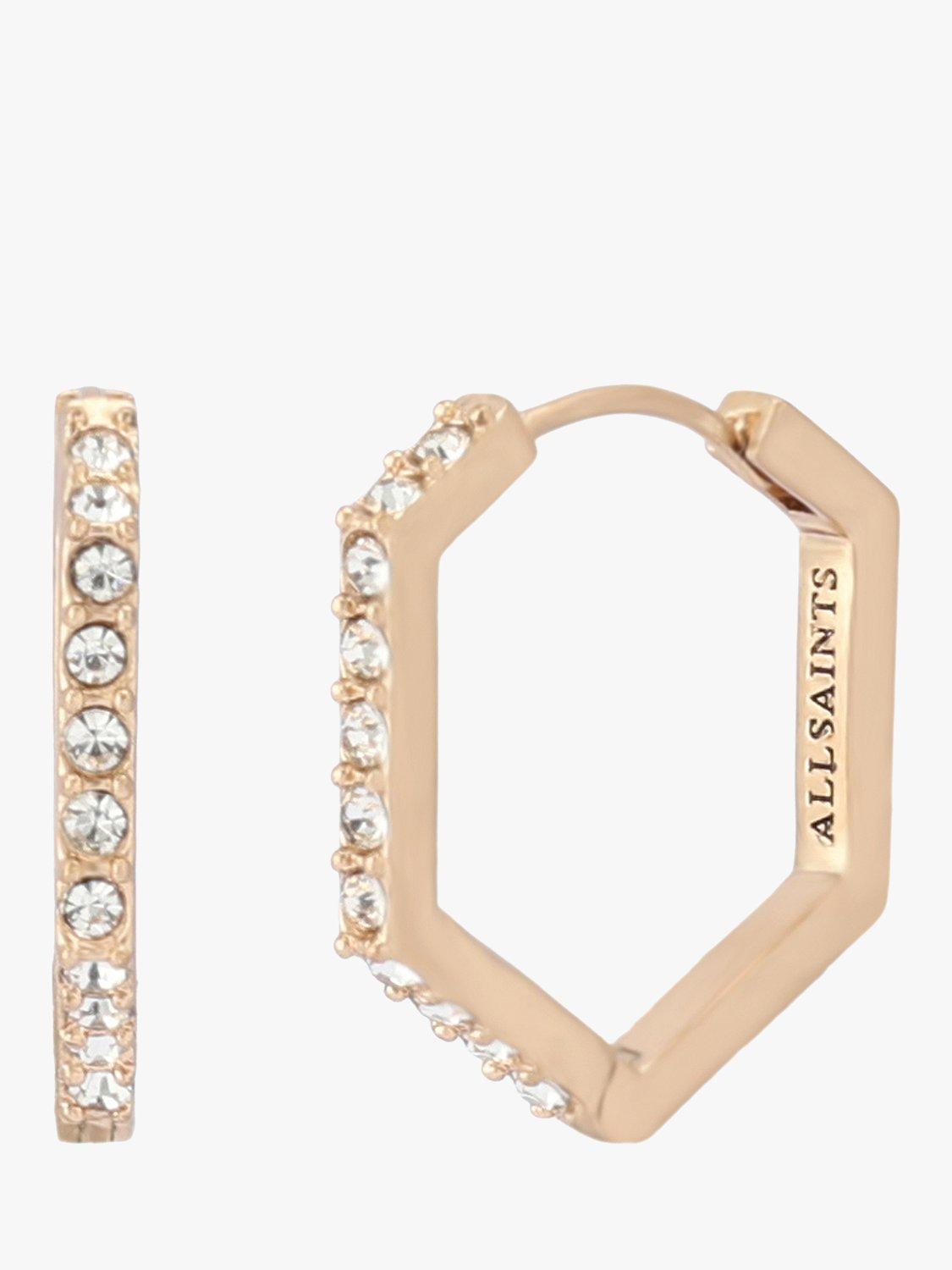 Product image 1 of 5, which shows AllSaints Hexagon Crystal Hoop Earrings, Gold