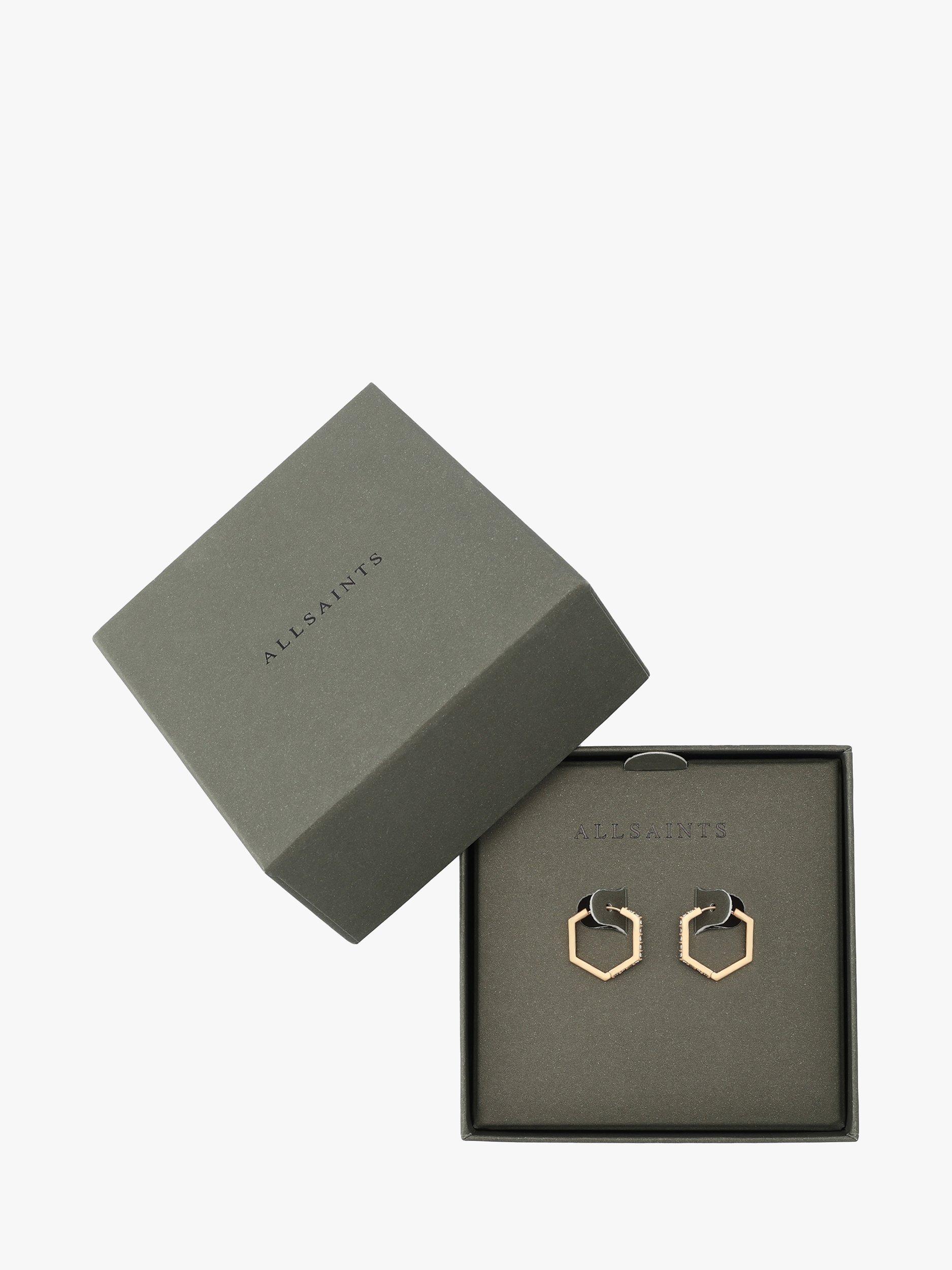 Product image 2 of 5, which shows AllSaints Hexagon Crystal Hoop Earrings, Gold