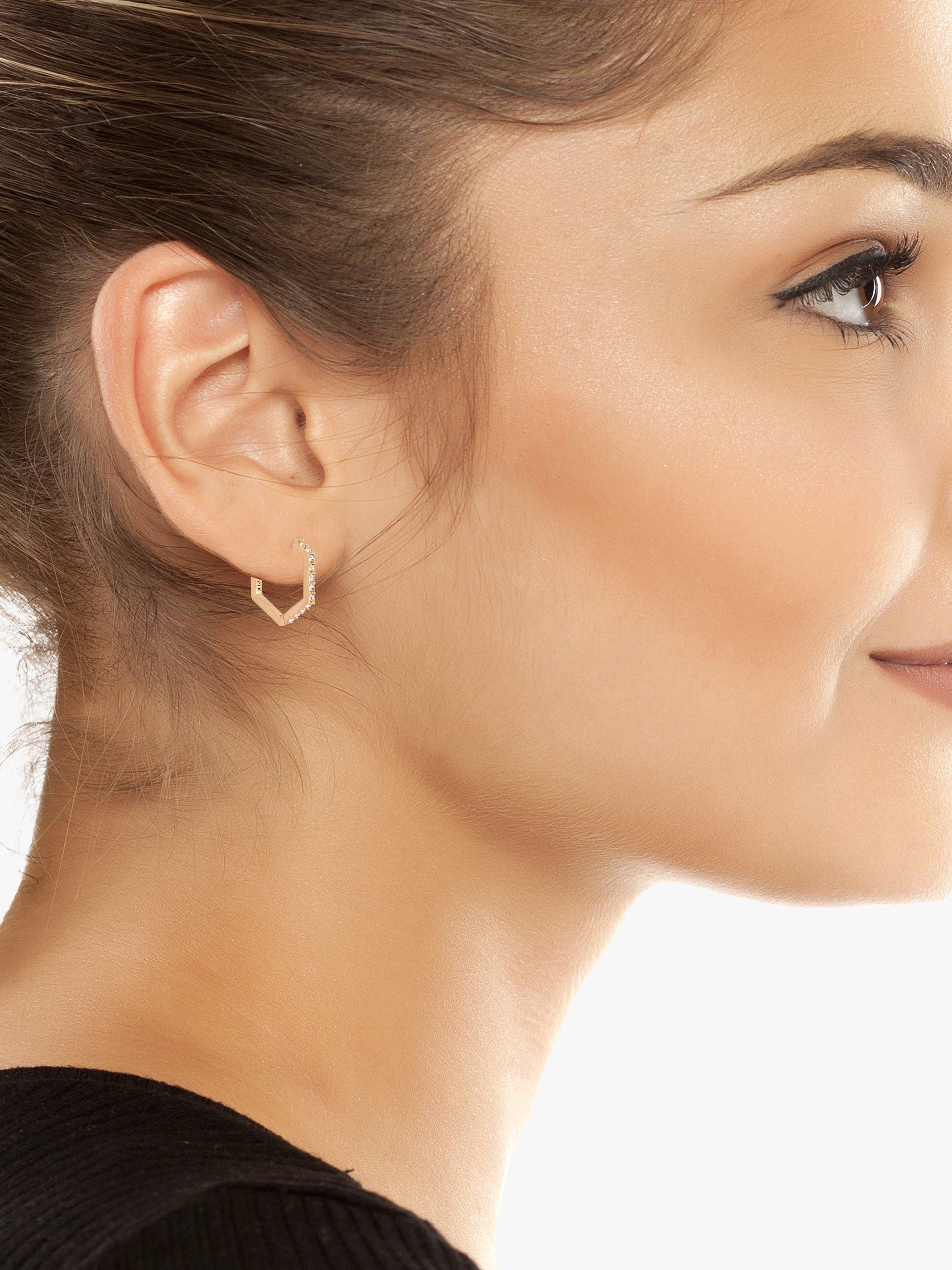 Product image 3 of 5, which shows AllSaints Hexagon Crystal Hoop Earrings, Gold