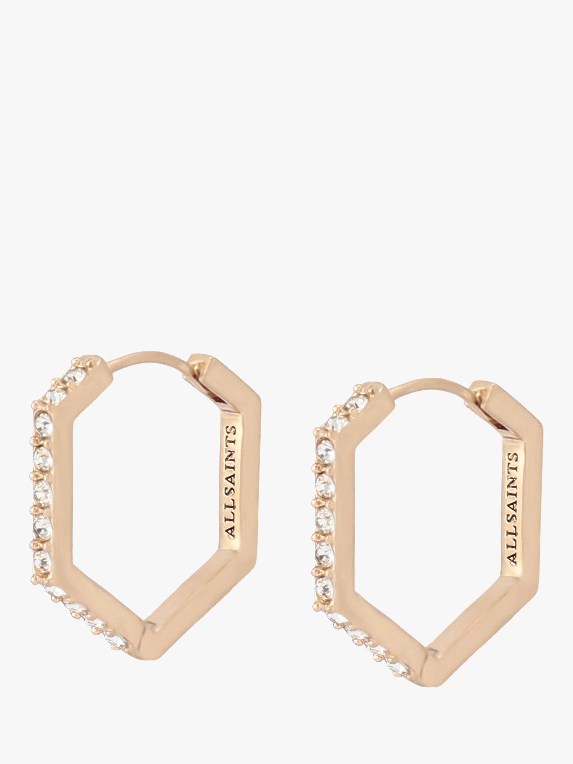 Product image 4 of 5, which shows AllSaints Hexagon Crystal Hoop Earrings, Gold