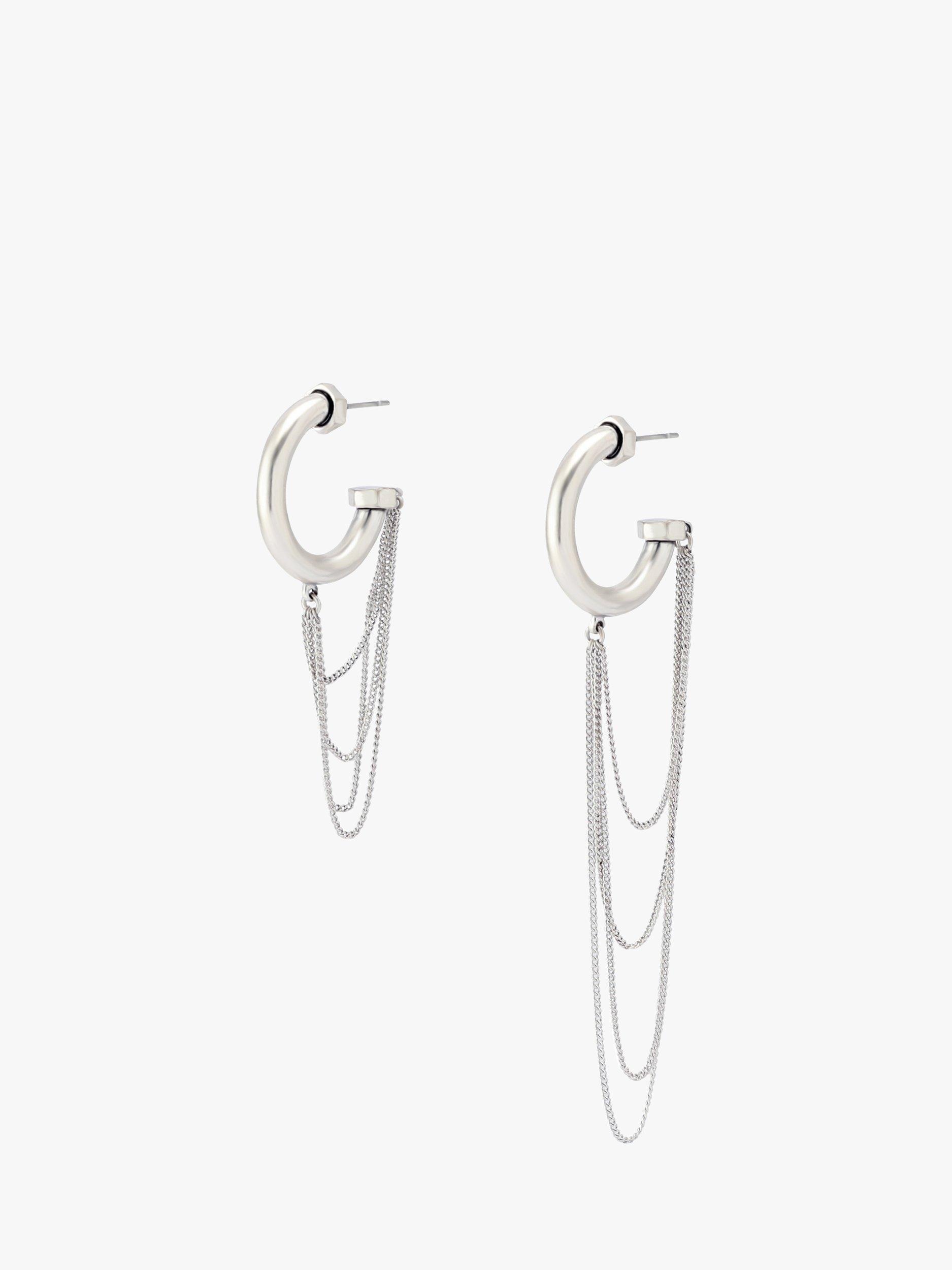 Product image 1 of 4, which shows AllSaints Dangle Chain Hoop Earrings, Warm Silver