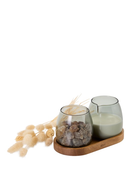 AdHoc Glass Milk & Sugar Set with Acacia Wood Coaster, Grey