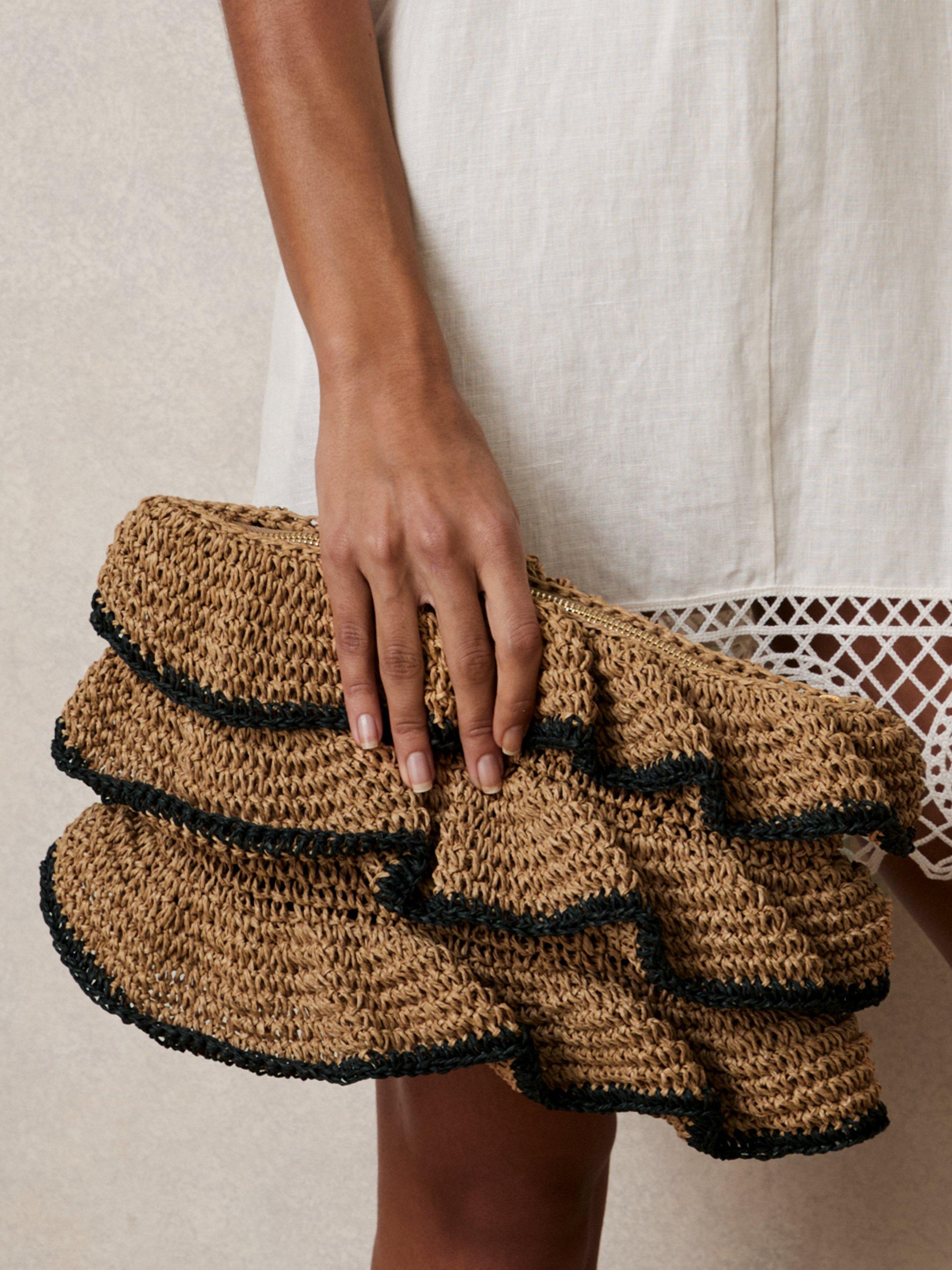 Product image 3 of 5, which shows Reiss Raya Raffia Ruffle Clutch Bag, Natural