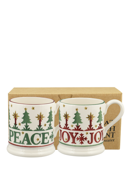 Emma Bridgewater Christmas Peace & Joy Half Pint Earthenware Mugs, Set of 2, 300ml, Multi Multi