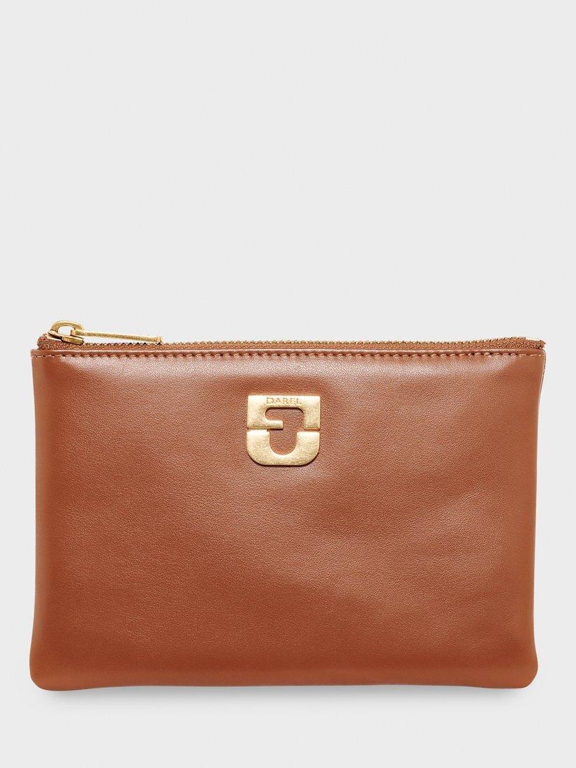 Product image 1 of 4, which shows Gerard Darel Pochette Pure Leather Clutch Bag, Cognac