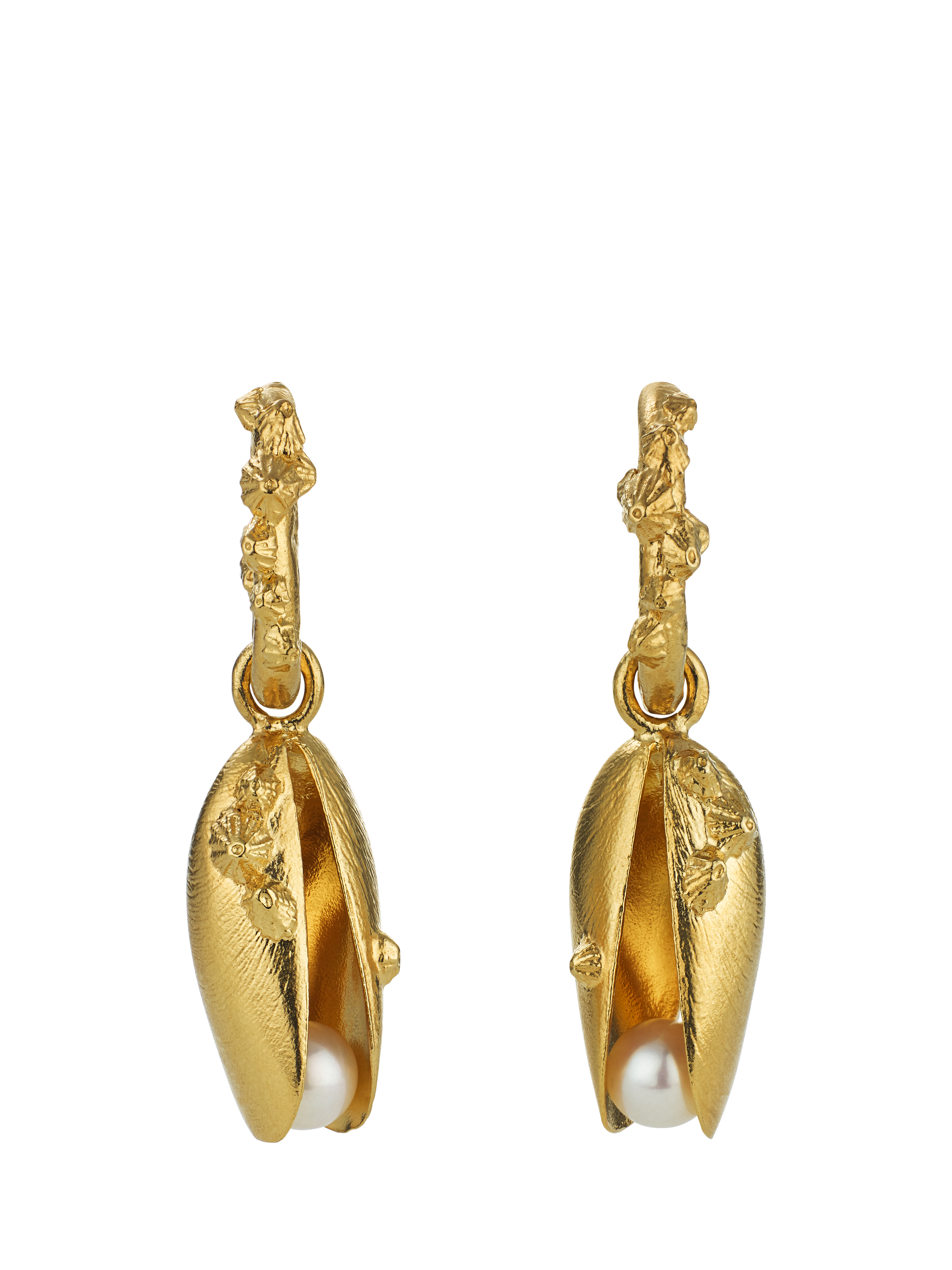 Product image 1 of 5, which shows Alex Monroe Mussel Shell Pearl Drop Earrings, Gold