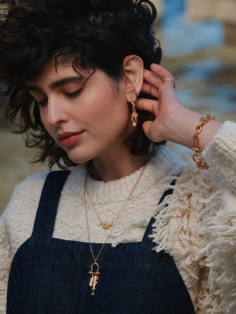 Product image 2 of 5, which shows Alex Monroe Mussel Shell Pearl Drop Earrings, Gold