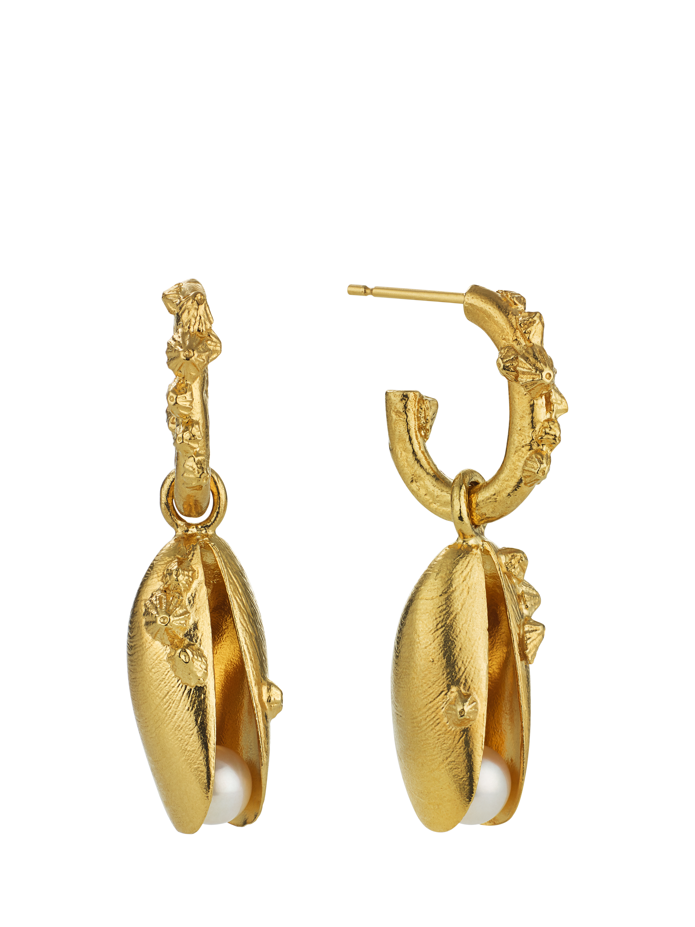 Product image 4 of 5, which shows Alex Monroe Mussel Shell Pearl Drop Earrings, Gold