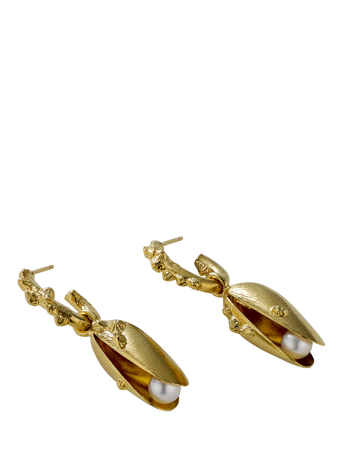 Product image 5 of 5, which shows Alex Monroe Mussel Shell Pearl Drop Earrings, Gold