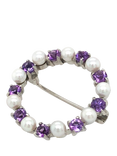 Pre-loved 9ct White Gold 18-Stone Alternate Cultured Pearl and Amethyst Circle Brooch