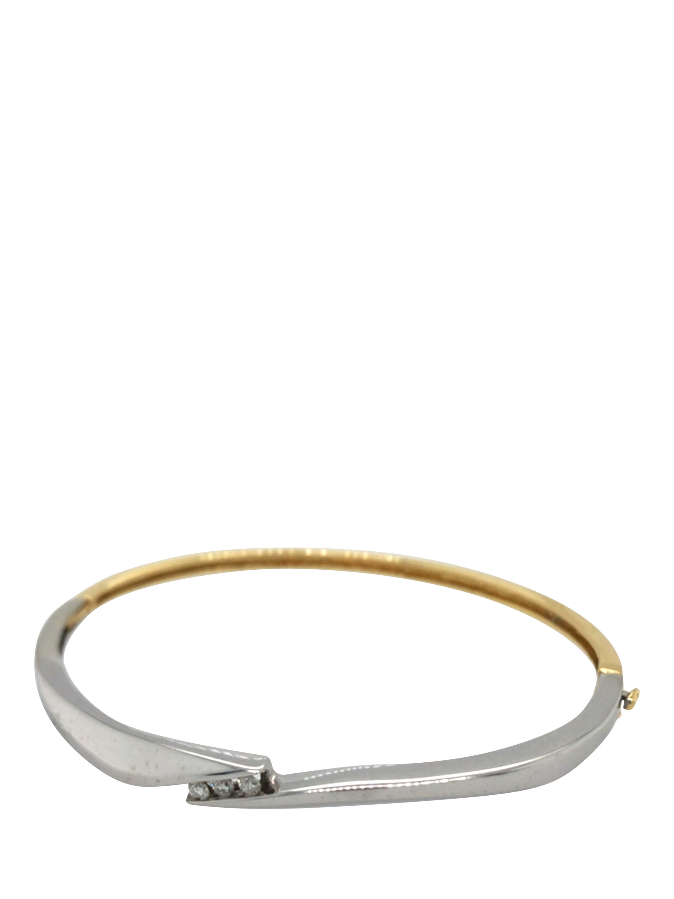 Product image 1 of 6, which shows Pre-loved 18ct Yellow and White Gold 3-Stone Diamond Cross-Over Bangle