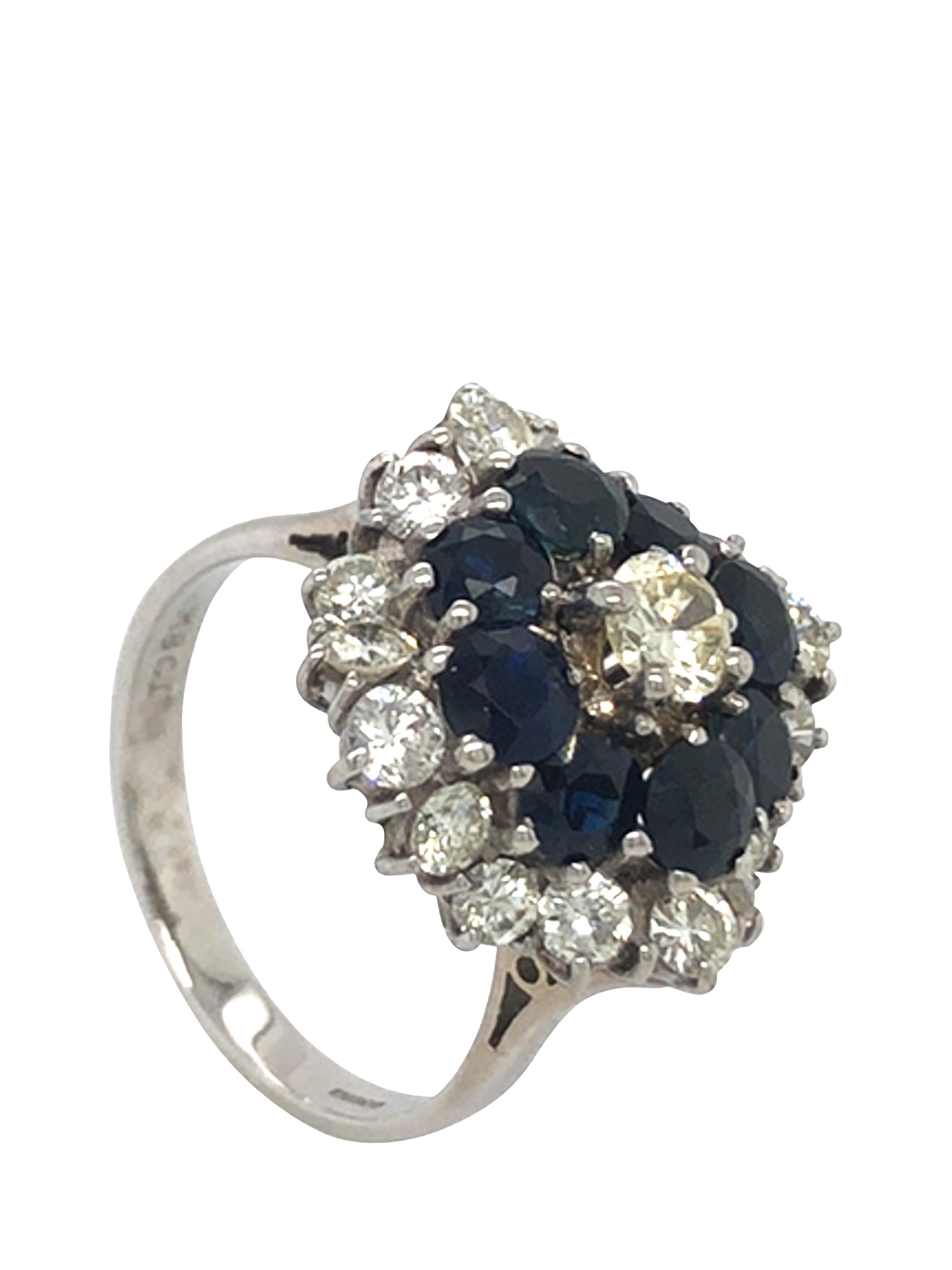 Product image 1 of 5, which shows Pre-loved 18ct White Gold Diamond and Sapphire 3-Row Cluster Ring