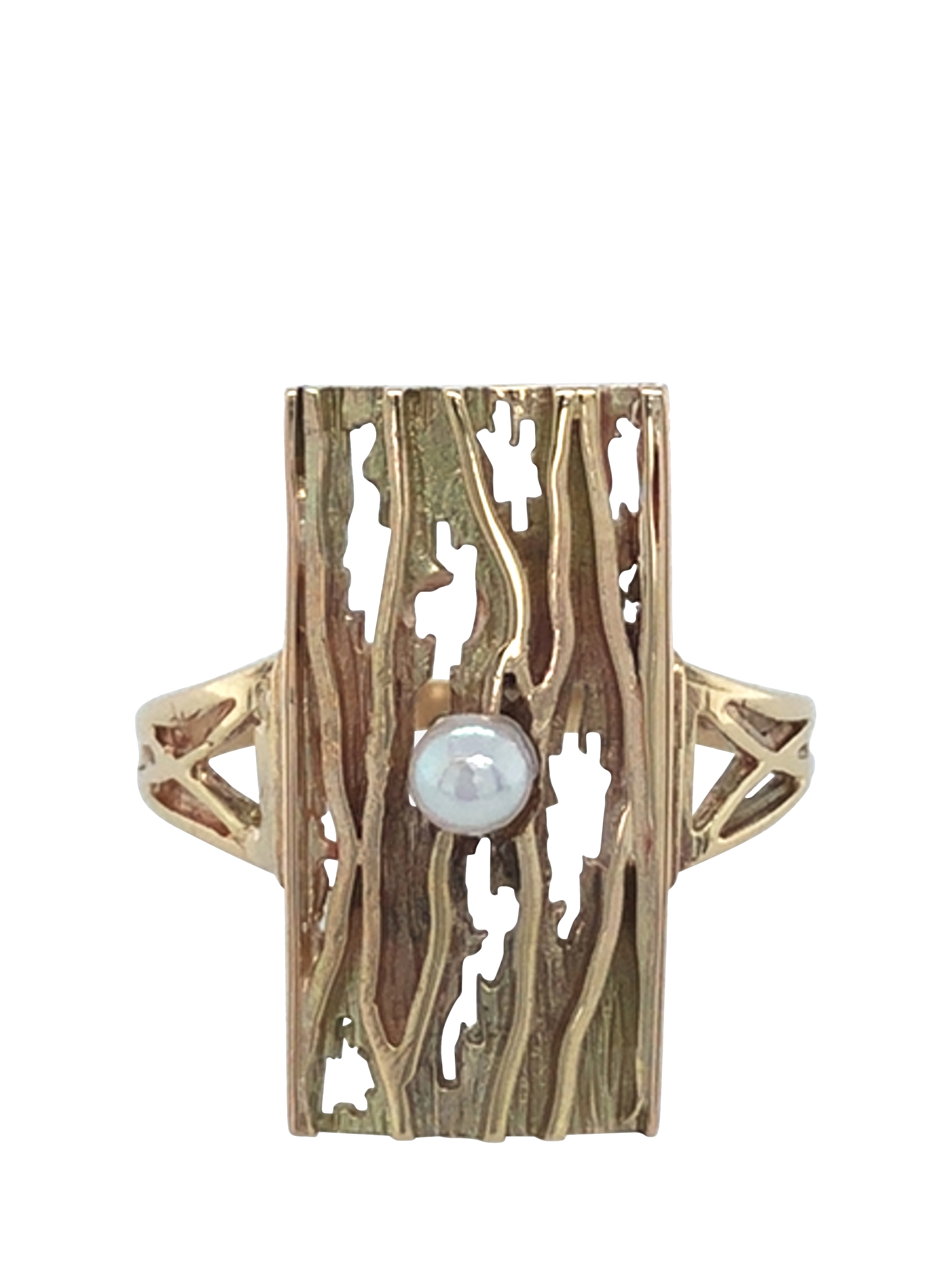 Product image 1 of 5, which shows Pre-loved 9ct Yellow Gold Rectangular Single Stone Cultured Pearl Abstract Ring, Circa 1986