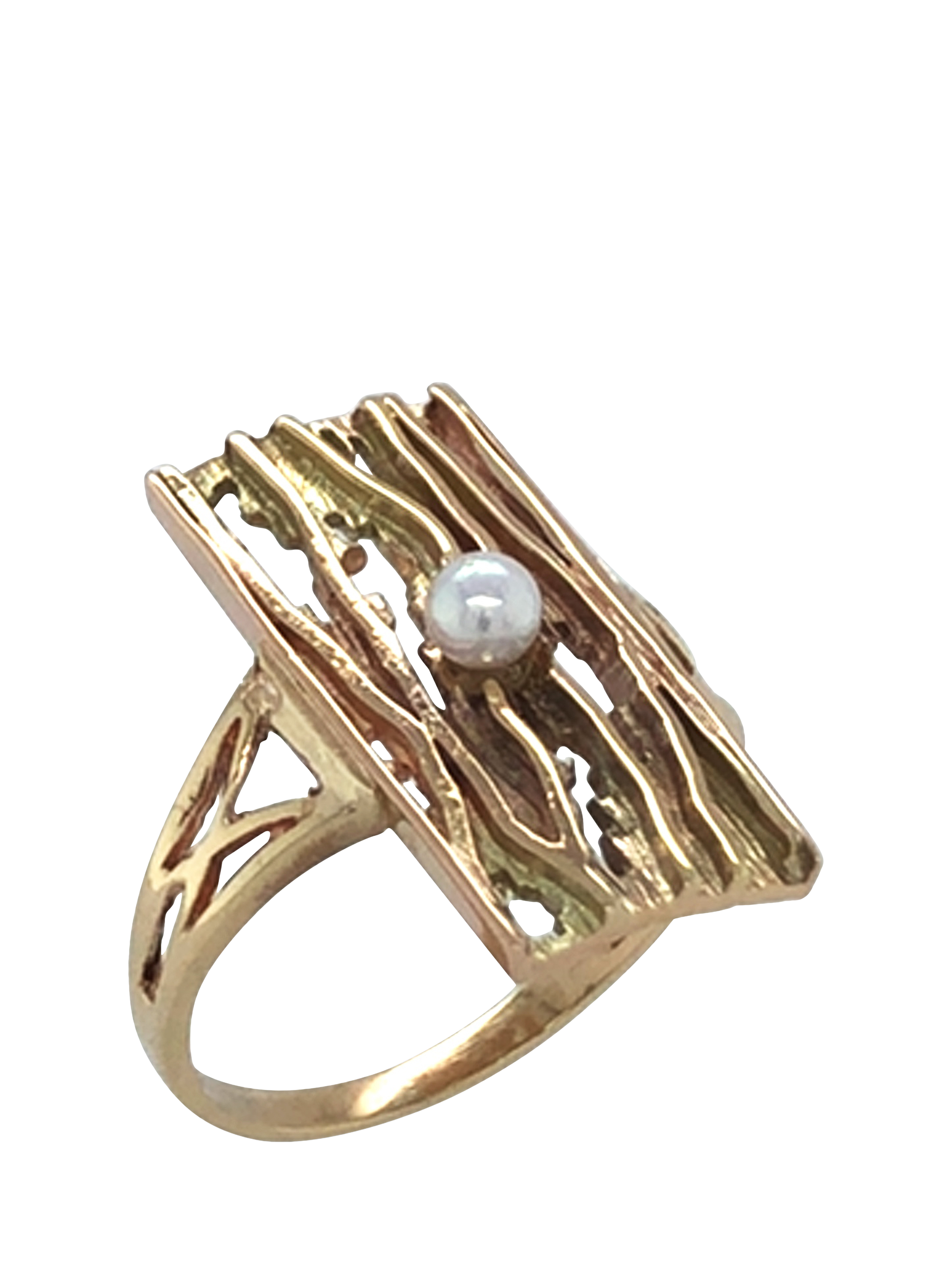 Product image 3 of 5, which shows Pre-loved 9ct Yellow Gold Rectangular Single Stone Cultured Pearl Abstract Ring, Circa 1986