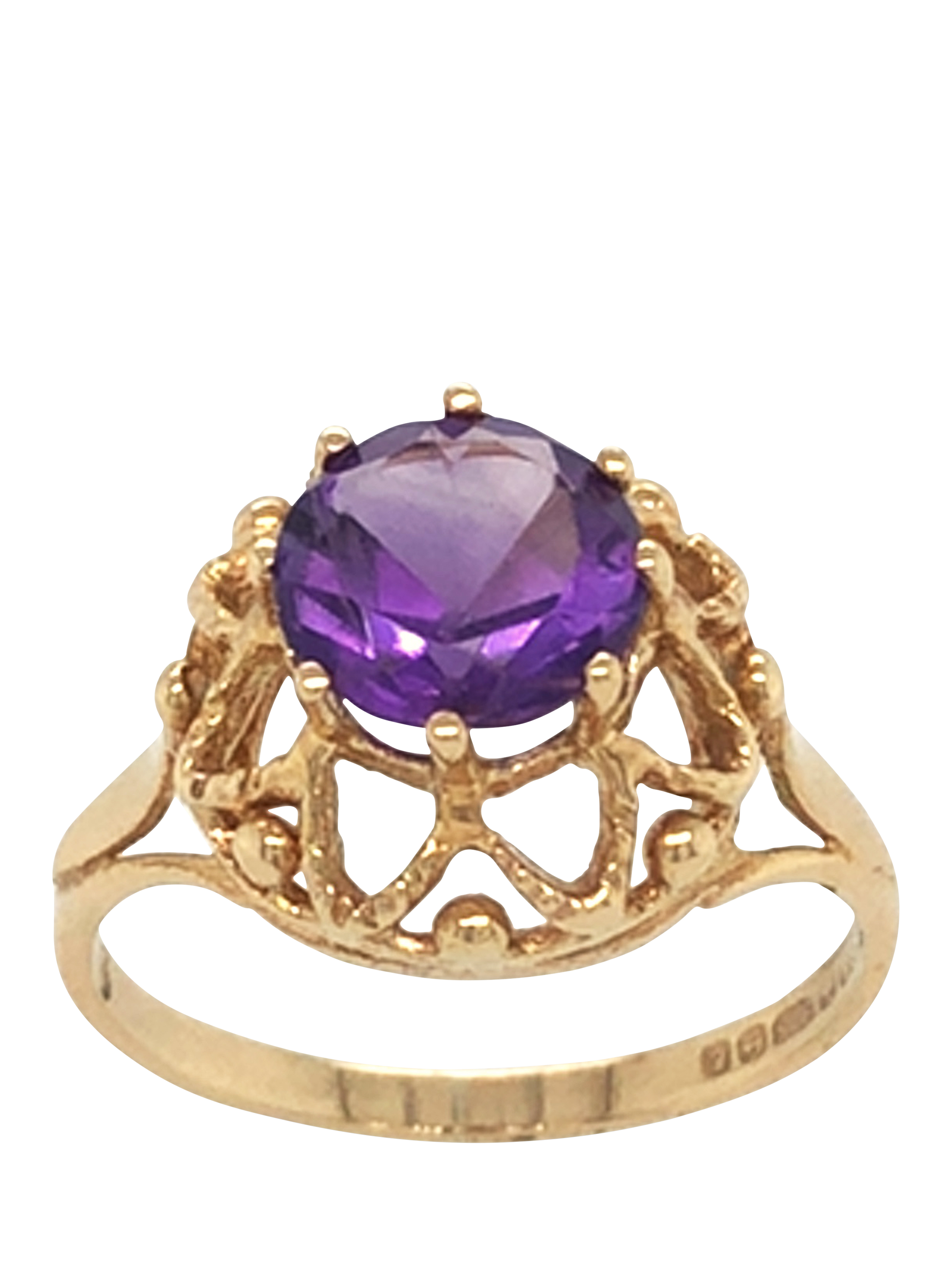 Product image 1 of 5, which shows Pre-loved 9ct Yellow Gold Single Stone Claw Set Amethyst Ring, Date Circa 1979