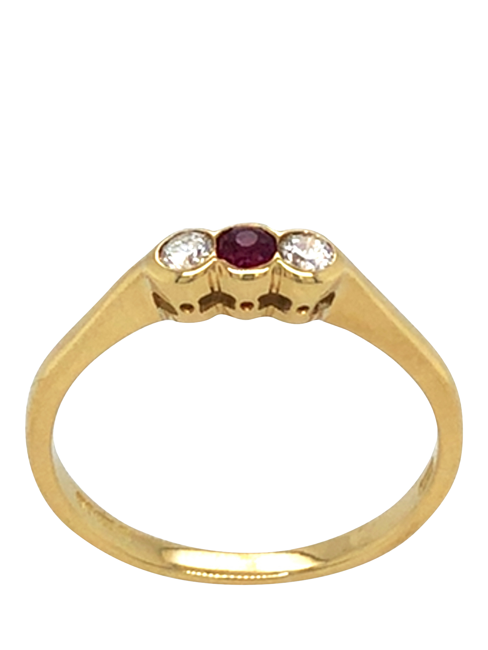 Product image 1 of 5, which shows Pre-loved 18ct Yellow Gold 3-Stone Diamond and Ruby Ring