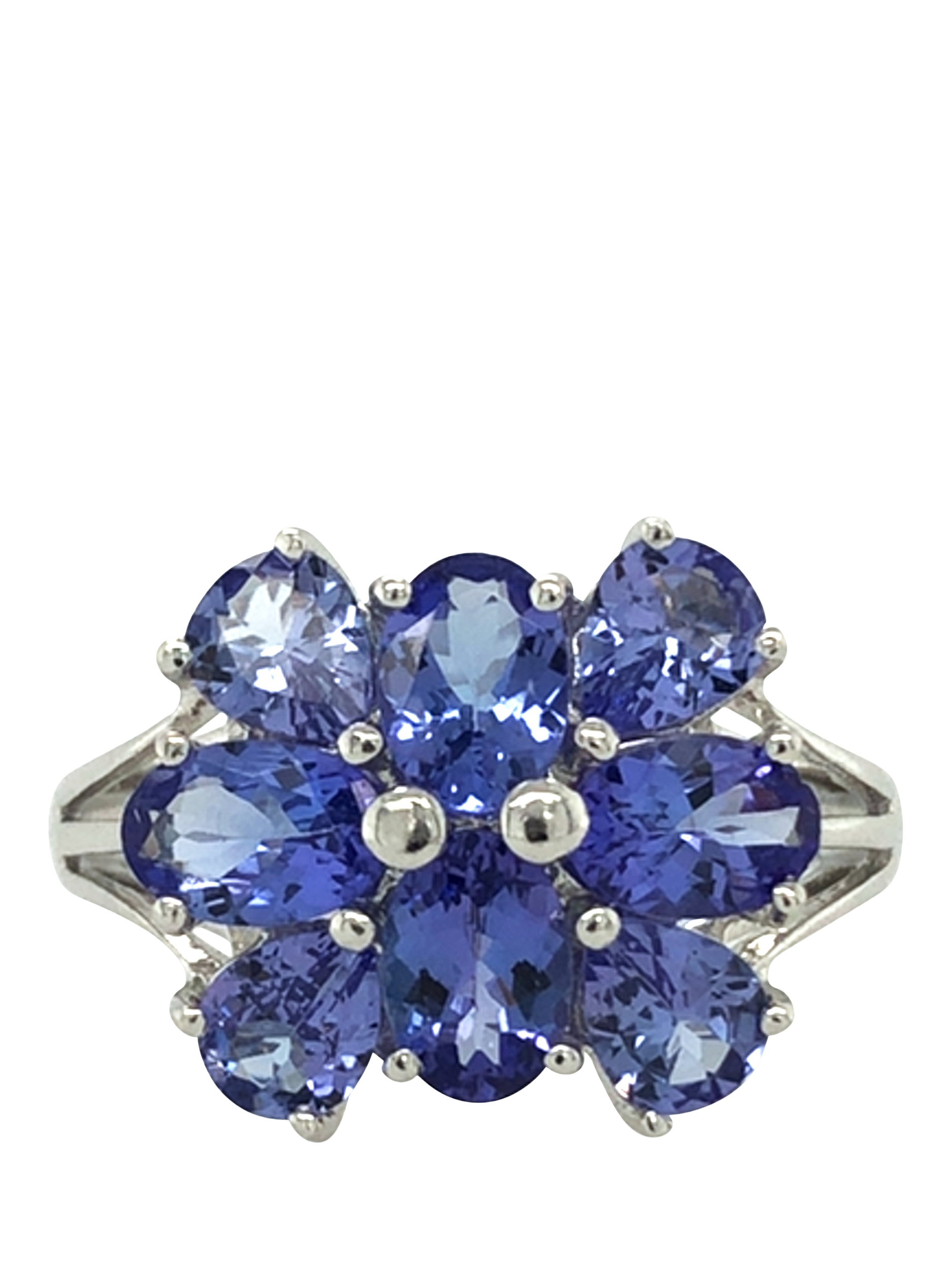 Product image 1 of 5, which shows Pre-loved 9ct White Gold 8-Stone Tanzanite Claw Set Cluster Ring, Dated Circa 2000