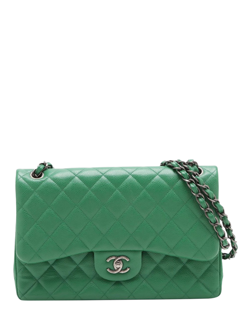 Product image 1 of 10, which shows Pre-loved CHANEL 2015 Large Caviar Quilted Classic Double Flap Bag, Green