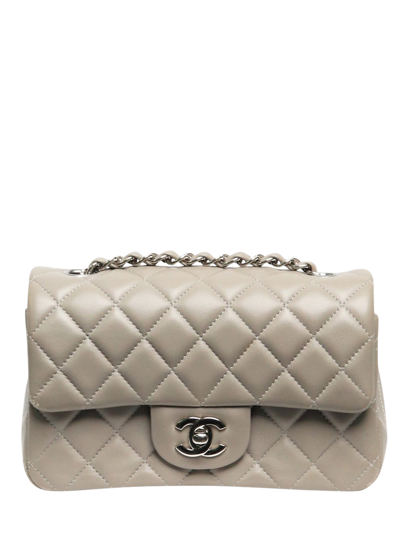 Product image 1 of 7, which shows Pre-loved CHANEL 2019 Lambskin Quilted Mini Rectangle Classic Single Flap Bag, Grey