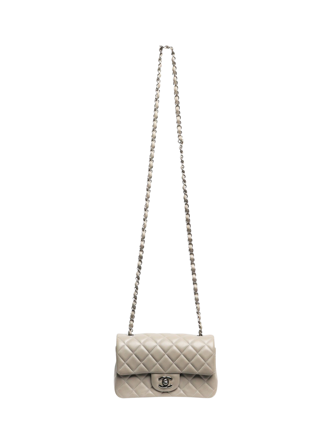 Product image 2 of 7, which shows Pre-loved CHANEL 2019 Lambskin Quilted Mini Rectangle Classic Single Flap Bag, Grey