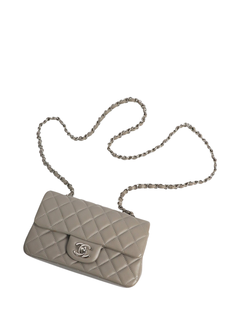 Product image 3 of 7, which shows Pre-loved CHANEL 2019 Lambskin Quilted Mini Rectangle Classic Single Flap Bag, Grey
