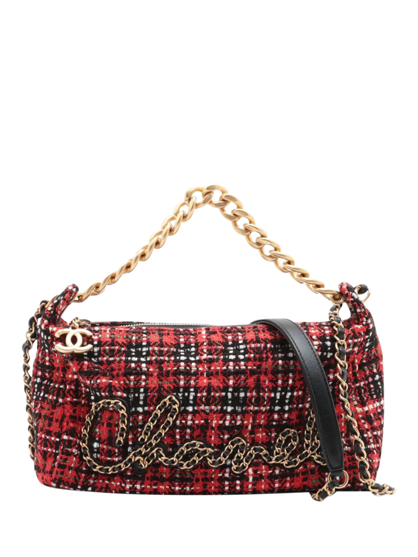 Pre-loved CHANEL 2020 Check Tweed Chain Shoulder Bag, Red/Black