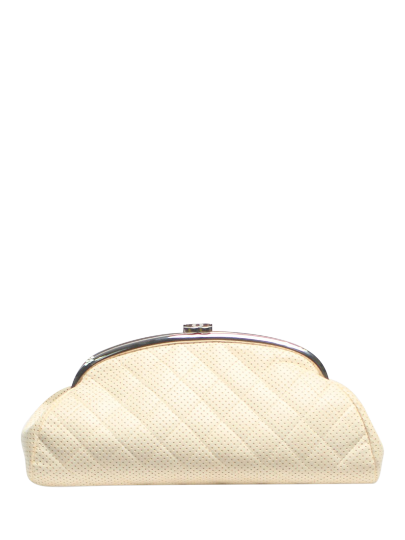 Pre-loved CHANEL Leather Silver Hardware Clutch Bag, White