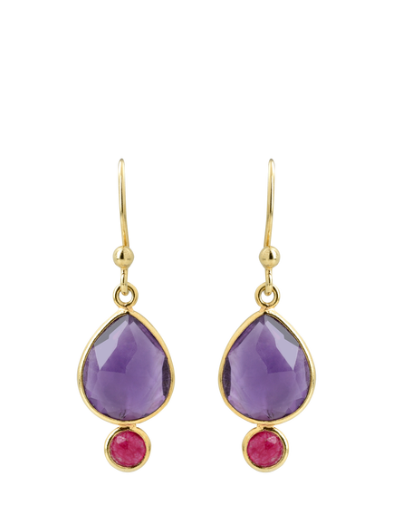 Pre-loved Silver Vermeil Amethyst and Agate Pear Drop Earrings, Purple/Pink