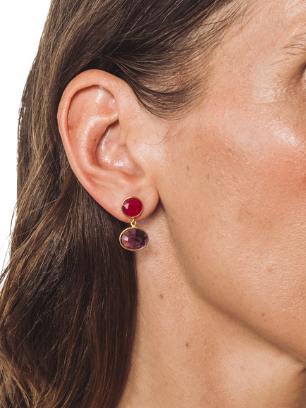 Pre-loved Silver Vermeil Oval Amethyst Drop Agate Earrings - view 2, Purple/Pink