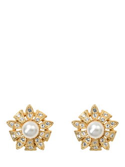 Pre-loved Vintage Gold Plated Faux Pearl and Crystal Floral Clip-On Earrings, Gold