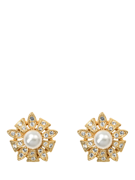 Pre-loved Vintage Gold Plated Faux Pearl and Crystal Floral Clip-On Earrings, Gold